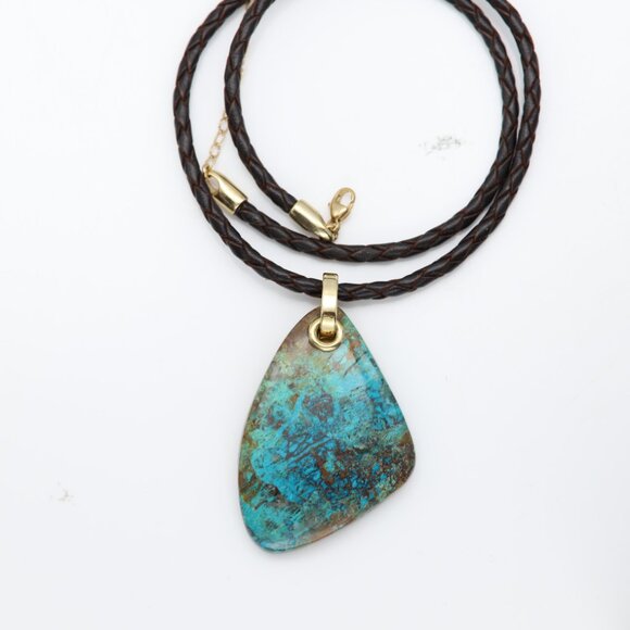 Chrysocolla Natural Stone Necklace 14K Yellow Gold & Leather - Picture 5 of 11